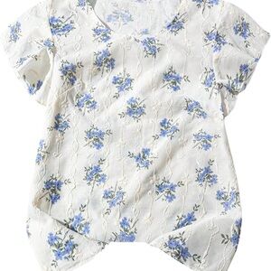 Cottagecore White Floral Short-Sleeve V-Neck Tee with Blue Blooms